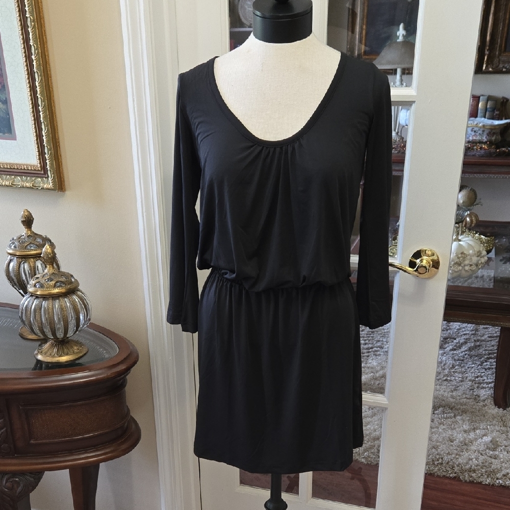 Mud Pie Bag Lady Black Long Sleeve Mini Dress Fitted Waist Scoop Neck Med NEW